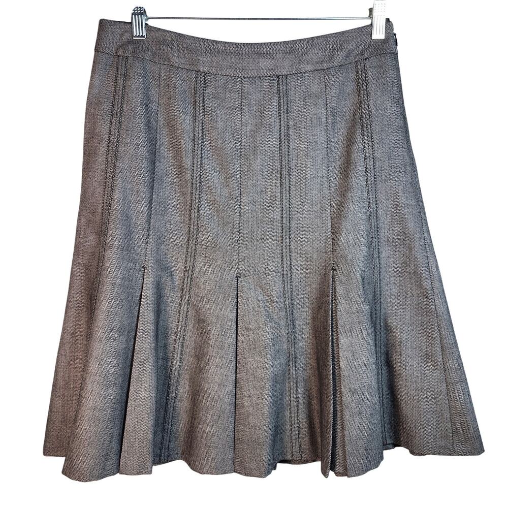 Loft Gray Herringbone Pleated Wool Blend Knee Length Skirt Size 10